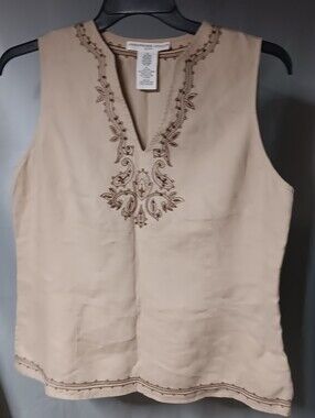 Josephine Chaus Women's Size 14 Spring Khaki 100% Linen Embroidered Beaded Tunic